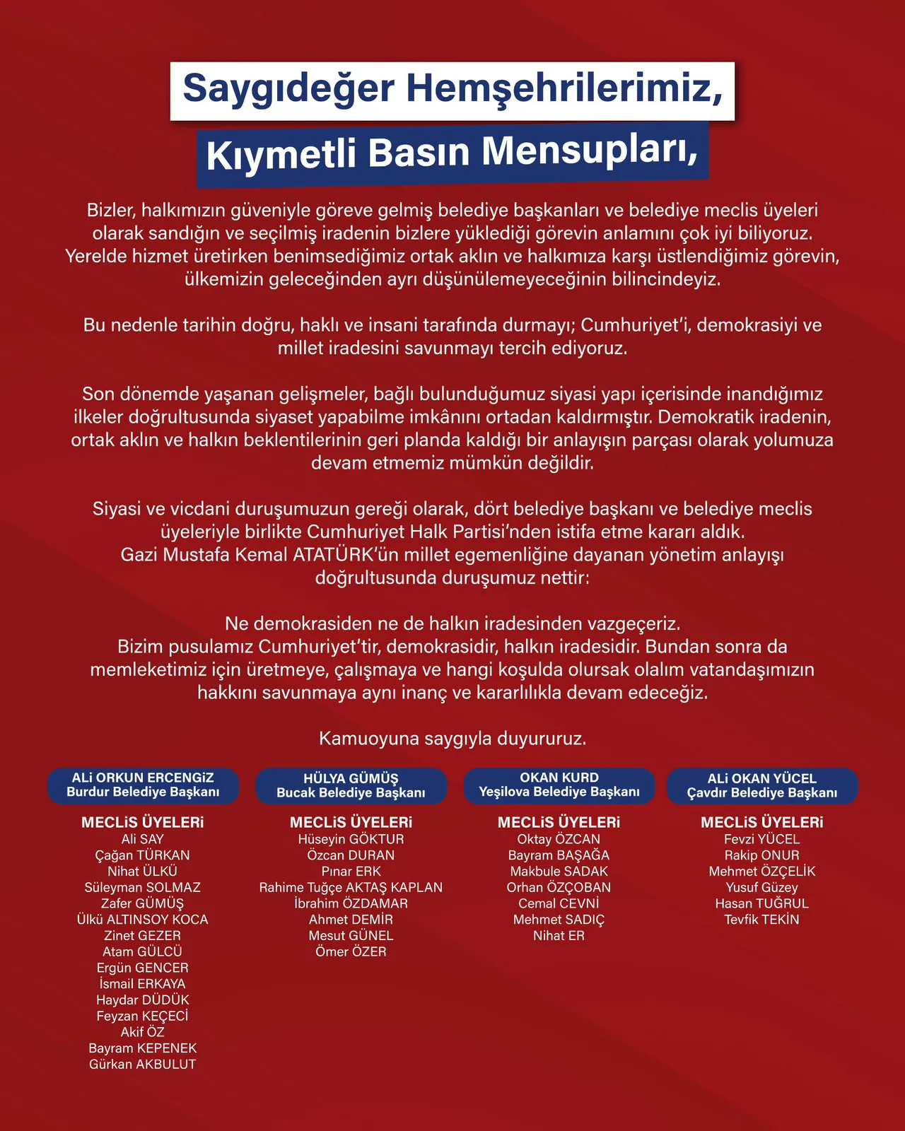 Burdur’da dört belediye başkanı partisinden ayrıldı