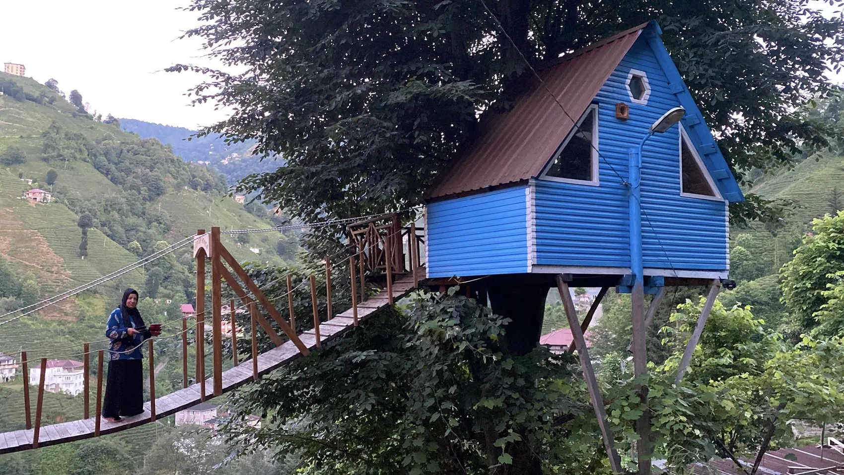 Rize’de iki kardeşin ağaç evine ulaşımı asma köprüyle sağladılar