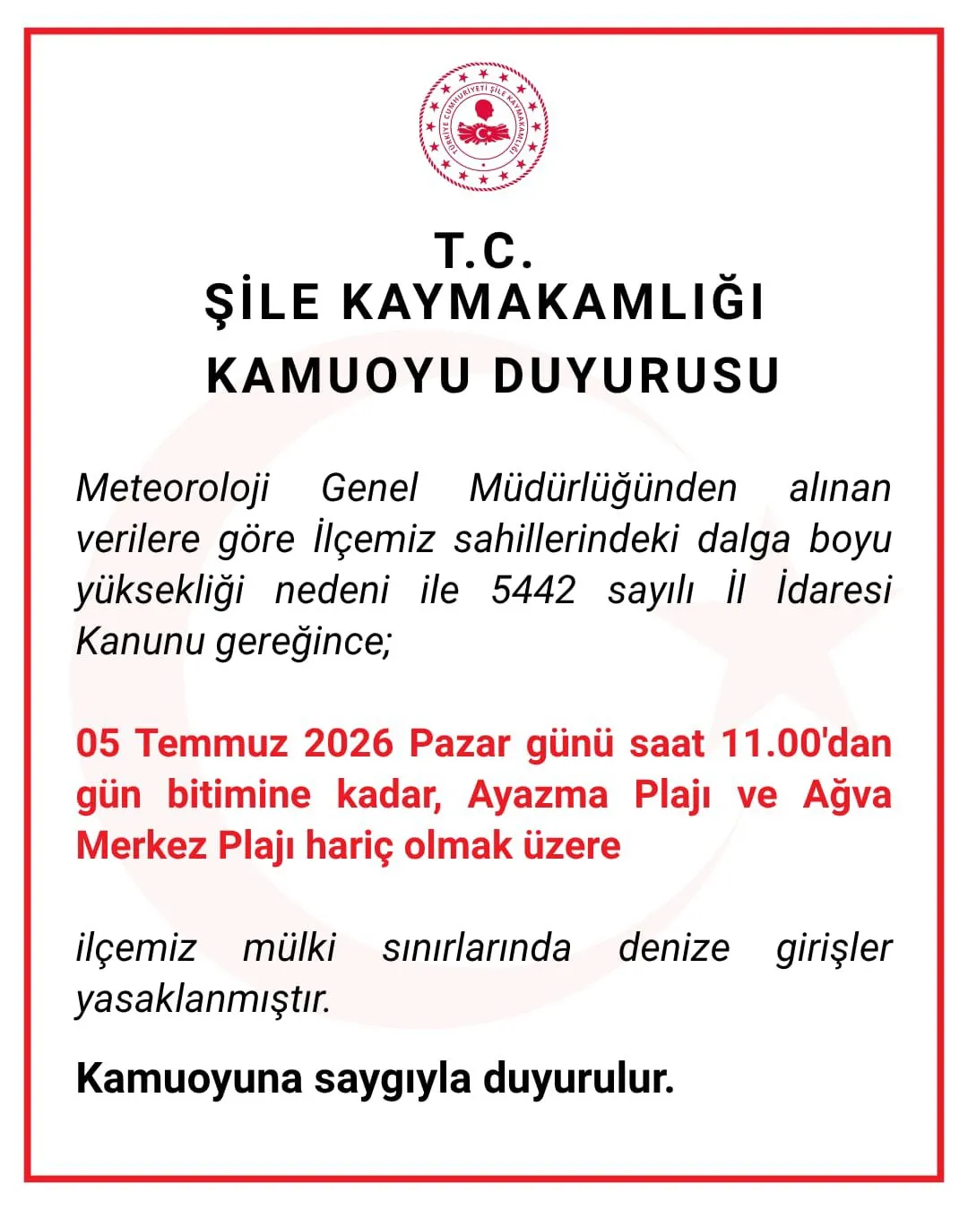 Şile'de denize girmek kısıtlandı