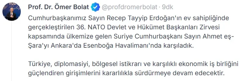 Suriye lideri Ahmed Şara Ankara’ya geldi