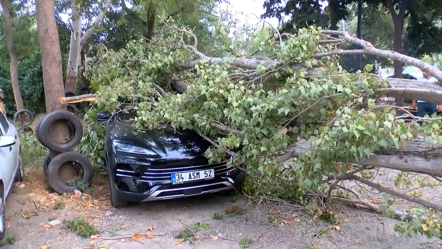 Beykoz'da fırtına bir aracı kullanılamaz hale getirdi