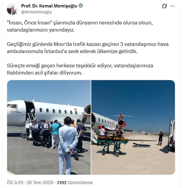 Mısırda kaza yapan üç vatandaşımız özel uçakla yurda döndü