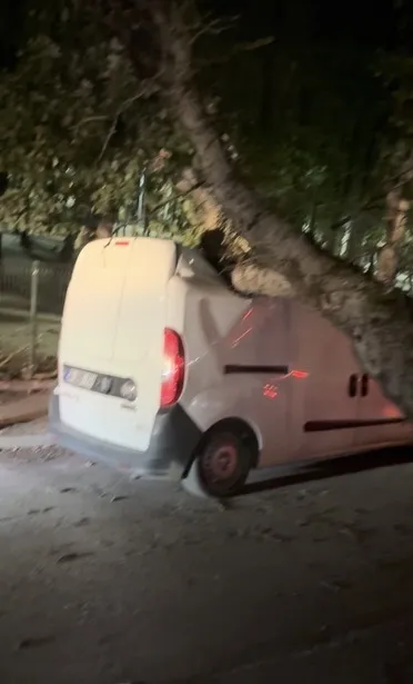 Sancaktepe'de fırtına ağacı devirdi aracın tavanını çökertti