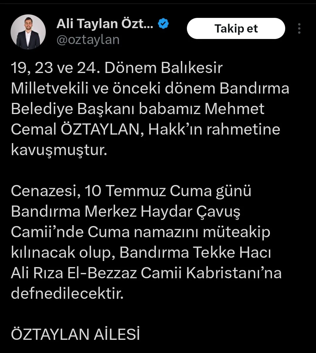 Bandırma siyasetinin önemli ismi Mehmet Cemal Öztaylan hayatını kaybetti