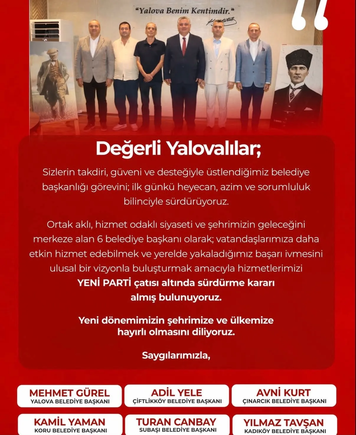 Yalova’da altı belediye başkanı CHP’den istifa edip Yeni Parti’ye katıldı
