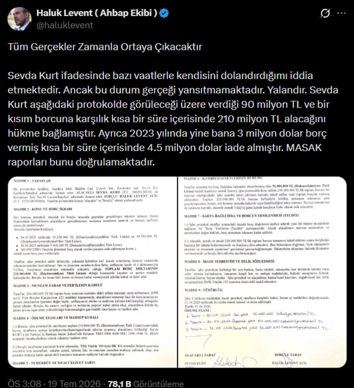 Haluk Levent’ten 90 milyon TL iddiasına belgeli yanıt: “Dolandırıcılık değil, borç ilişkisi” 3