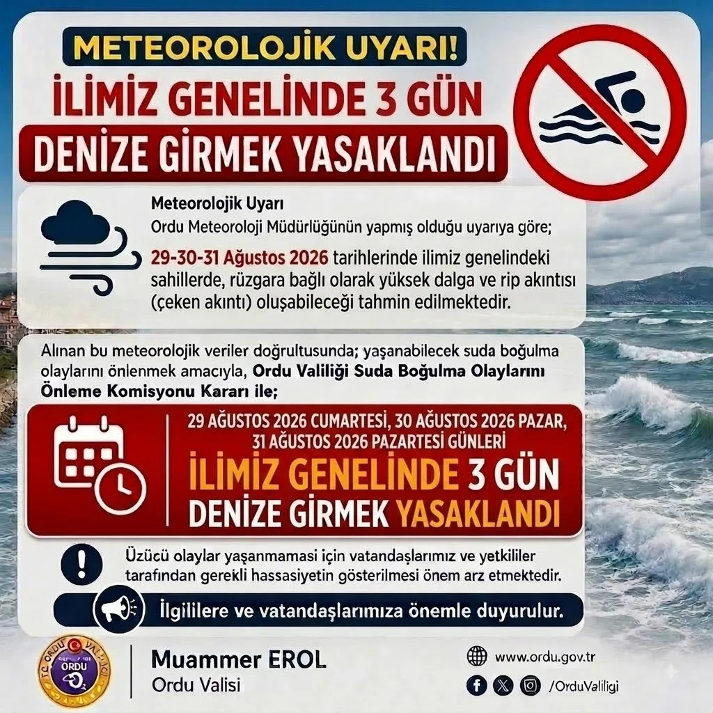 Ordu'da 3 gün denize girmek yasaklandı