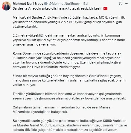 Sardes Antik Kenti’nde 2 bin 500 yıllık dev heykel bulundu