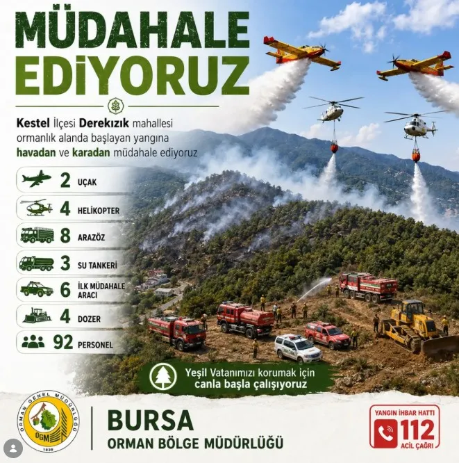 Uludağ eteklerinde yangın 3 noktada alevlere havadan ve karadan müdahale