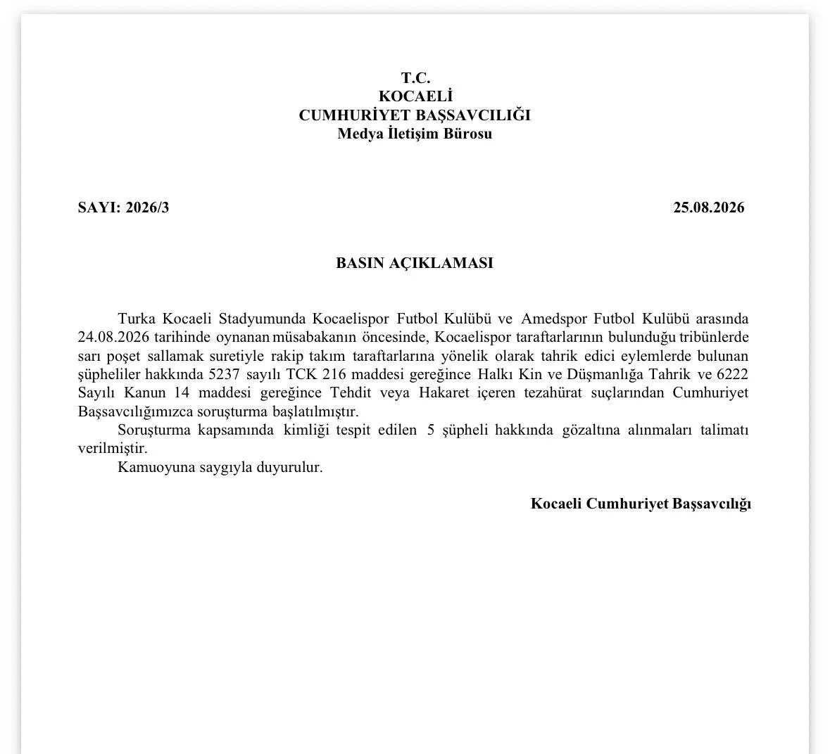 Kocaelispor tribününde sarı poşetli kışkırtmaya 5 gözaltı