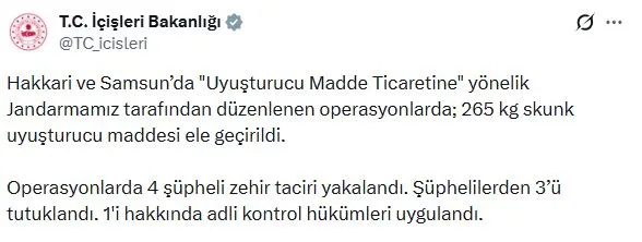 Hakkari ve Samsun'da uyuşturucu operasyonu 265 kilo skunk ele geçirildi