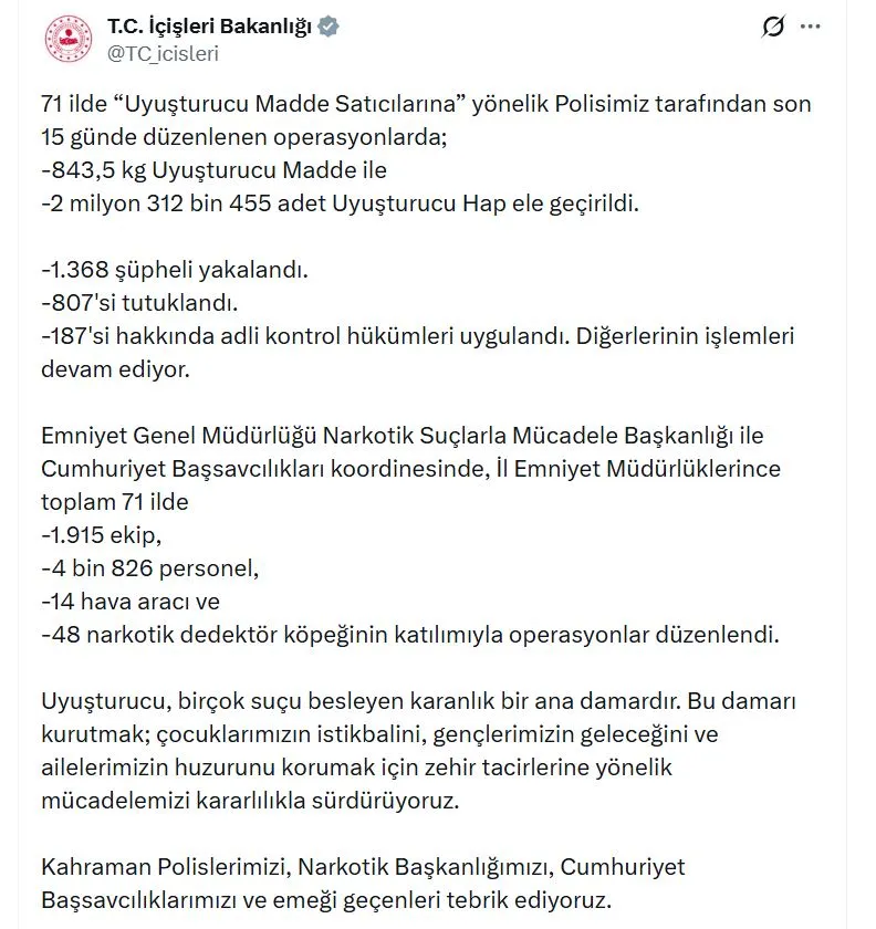 Zehir tacirlerine 15 günde büyük darbe 807 tutuklama