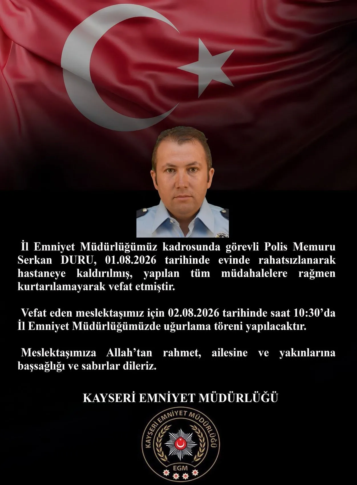 Kayseri'de görevli polis memuru evinde hayatını kaybetti