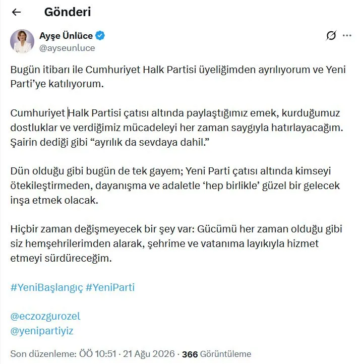 Eskişehir Belediye Başkanı Ayşe Ünlüce CHP’den istifa etti