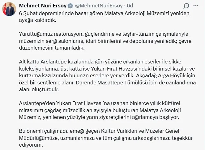 Malatya Arkeoloji Müzesi yarın kapılarını tekrar açıyor