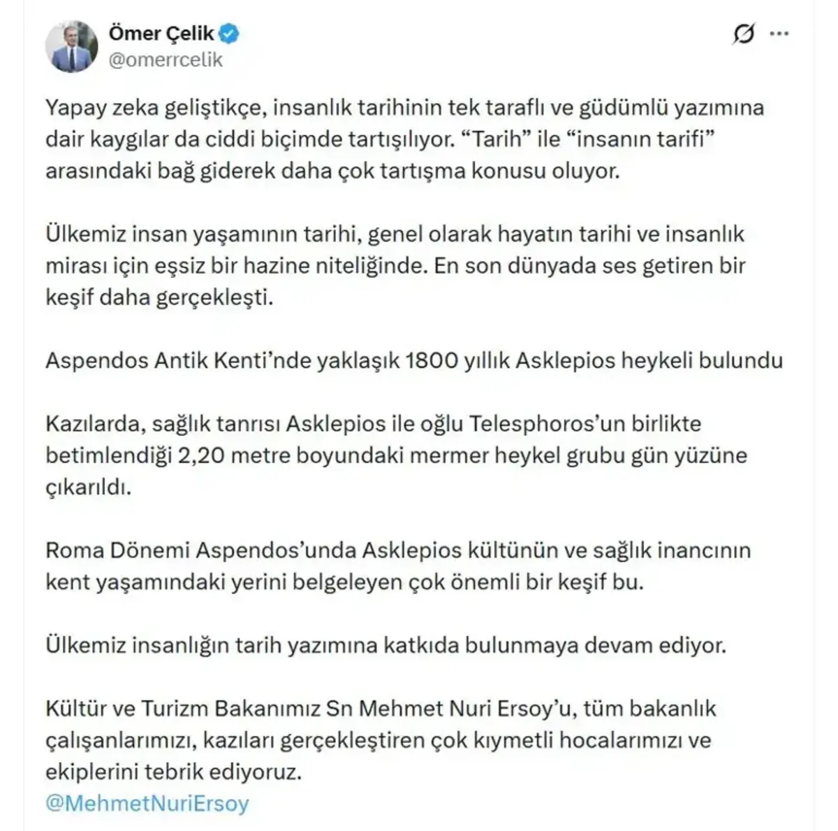 AK Parti li Çelik ten Aspendos ta bulunan Asklepios heykeline ilişkin paylaşım 1