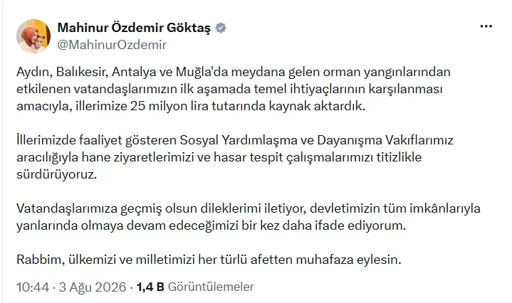 Yangın bölgelerine 25 milyon liralık acil destek kararı