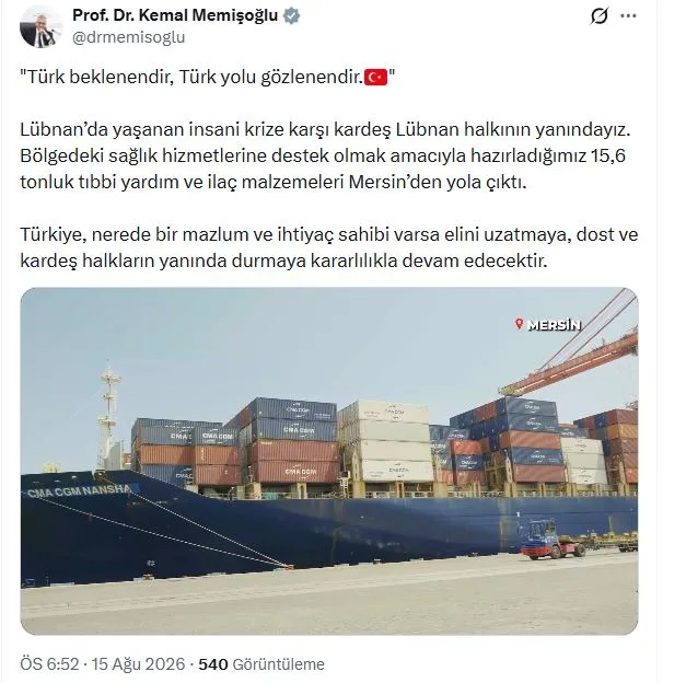 Mersin'den Lübnan'a tonlarca ilaç desteği yola çıktı