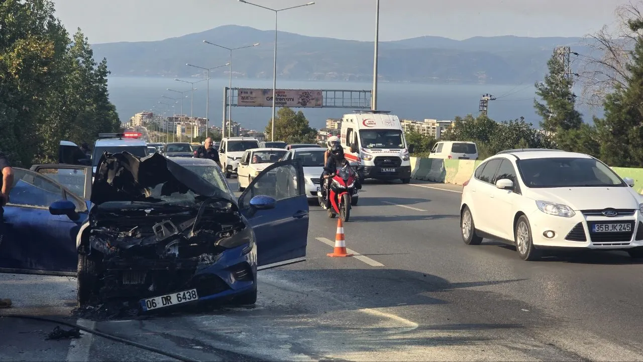 Bursa'da alev topuna dönen otomobil zeytinliğe sıçramadan söndürüldü