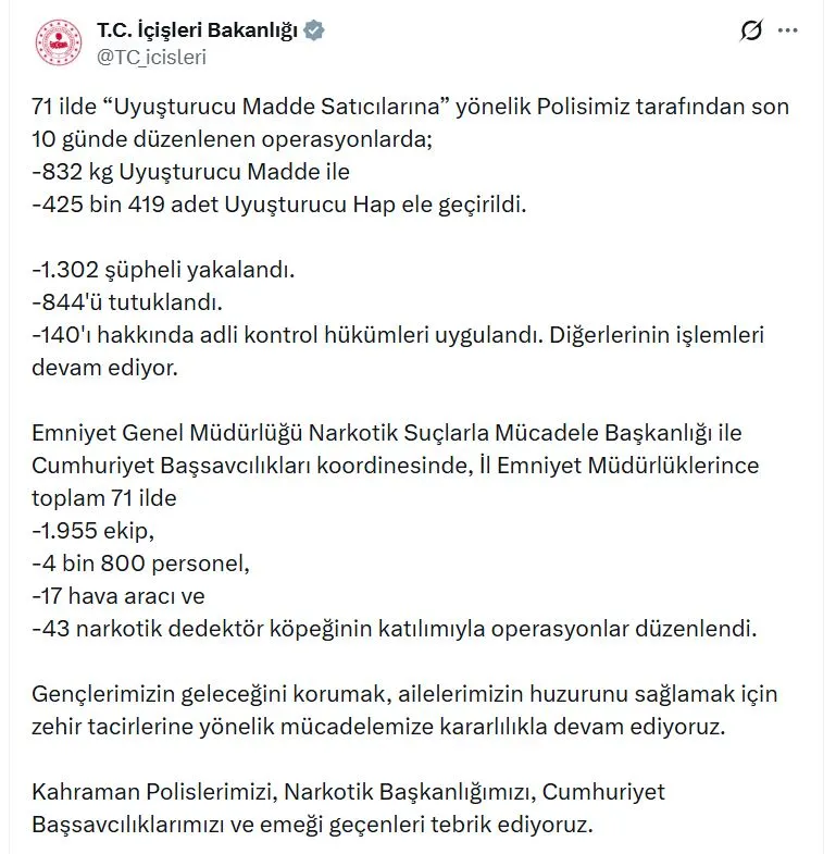 71 şehirde zehir tacirlerine büyük darbe