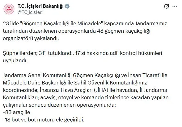 Jandarma 23 ilde göçmen kaçakçılarına baskın yaptı, 31 kişi tutuklandı