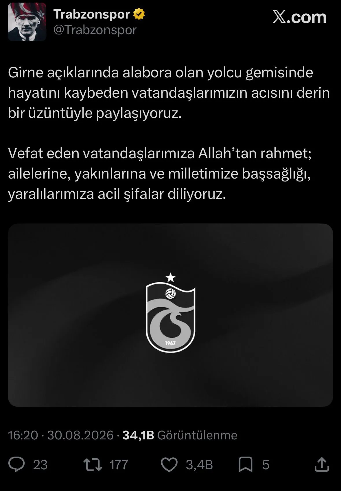 Bordo-Mavili camiadan Girne'deki deniz faciasına taziye mesajı