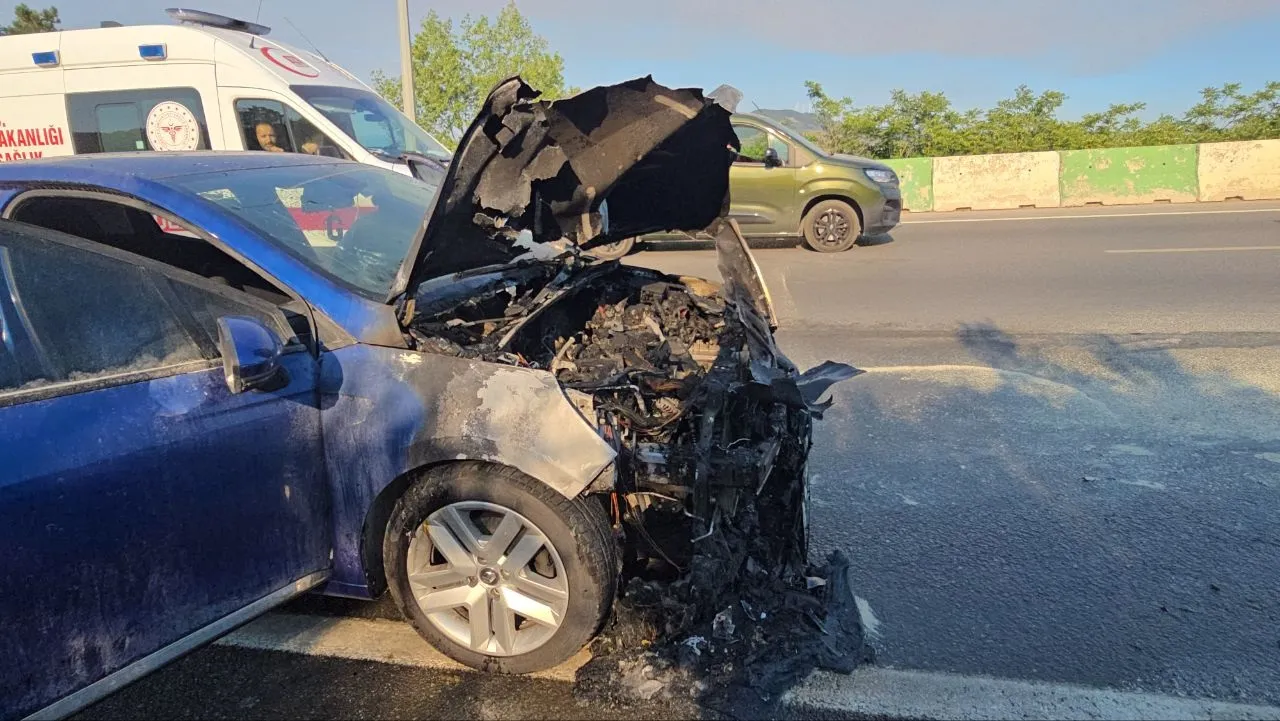 Bursa'da alev topuna dönen otomobil zeytinliğe sıçramadan söndürüldü