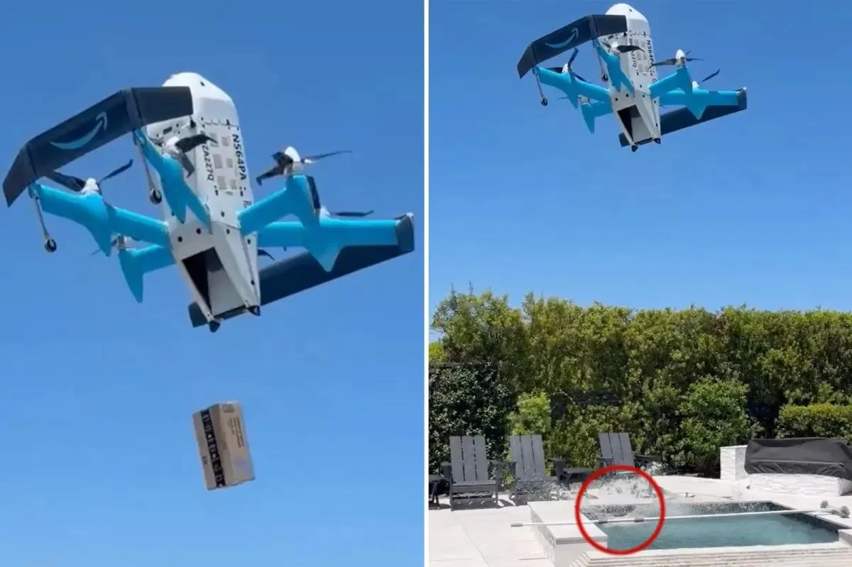Amazon’un teslimat dronu müşterinin paketini havuza bıraktı