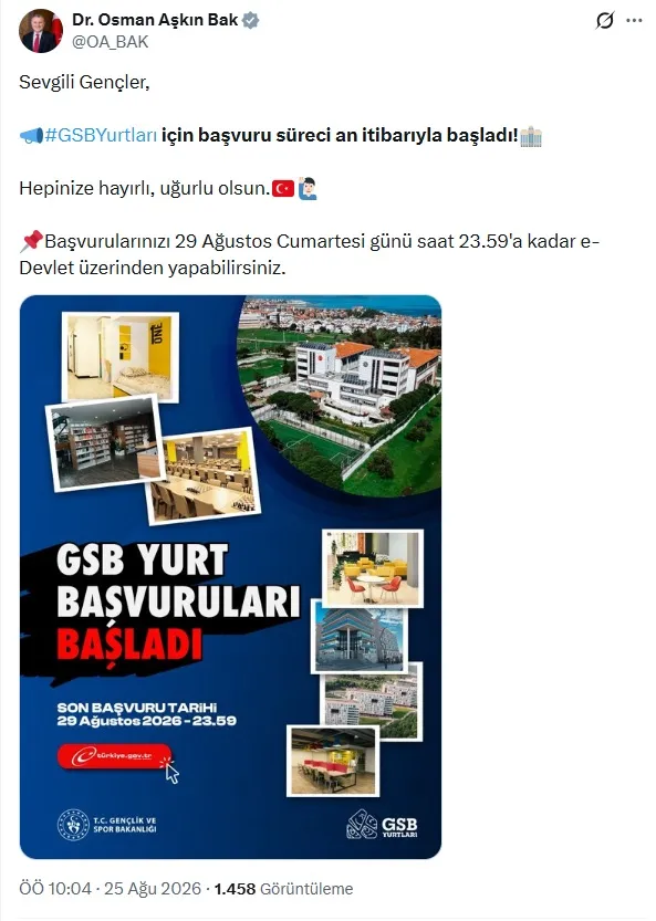 GSB yurtları için başvurular açıldı, son tarih 29 Ağustos