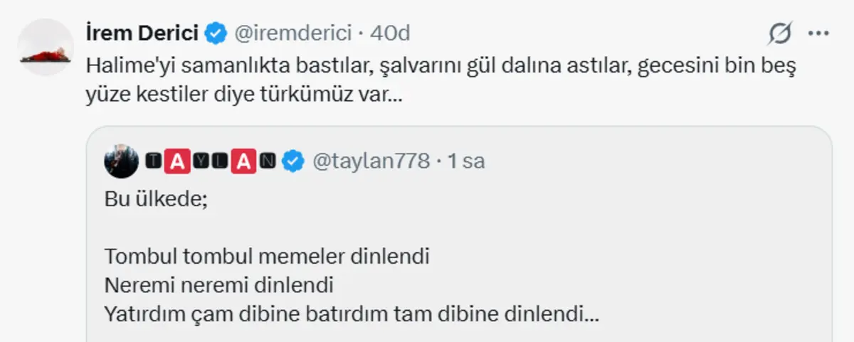 İrem Derici den Mabel Matiz tepkisi! "Halime yi samanlıkta bastılar..." 2