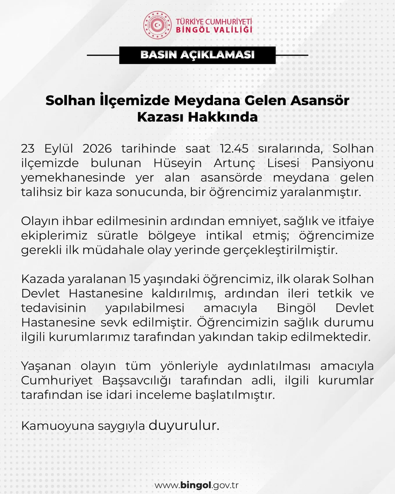 Solhan'daki okul pansiyonunda korkutan kaza: 15 yaşındaki öğrenci hastanelik oldu