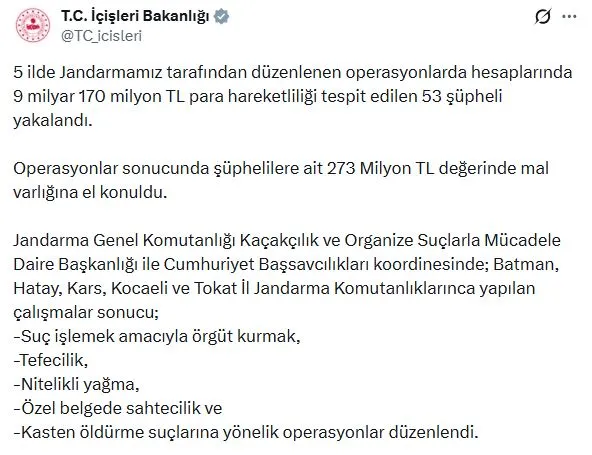 Milyarlık vurguna jandarma tokadı: 5 ilde eş zamanlı operasyon