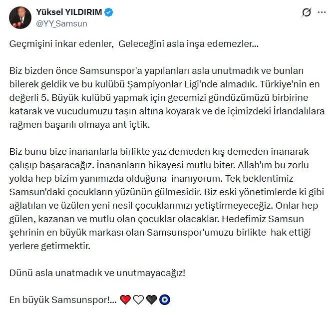 Yüksel Yıldırım'dan Samsunspor için yeni dönem sözü: Çocuklar artık ağlamayacak