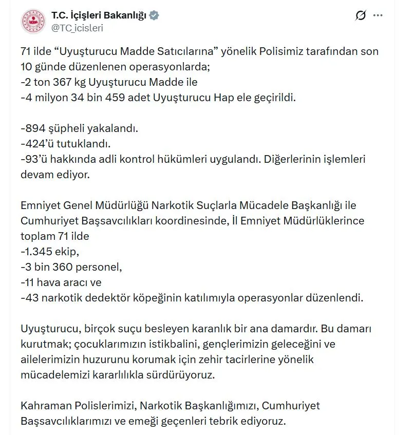 Zehir tacirlerine 71 ilde eş zamanlı darbe: 424 tutuklama kararı çıktı