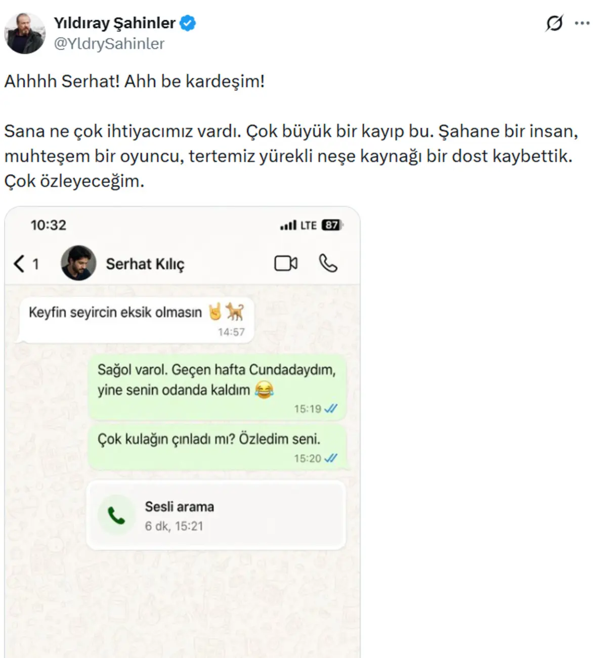 Yıldıray Şahinler Serhat Kılıç ın mesajlarını paylaştı! Gelen yorum çıldırttı 1
