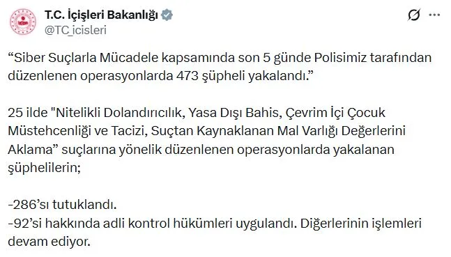 Siber ağlara büyük darbe: 25 ilde eş zamanlı operasyonla 286 kişi cezaevine gönderildi