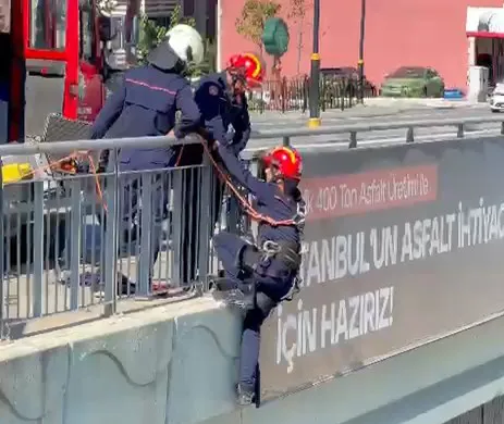 Arnavutköy'de yürekleri ağza getiren kurtarma operasyonu: Reklam panosuna sıkışan kedi için seferber oldular