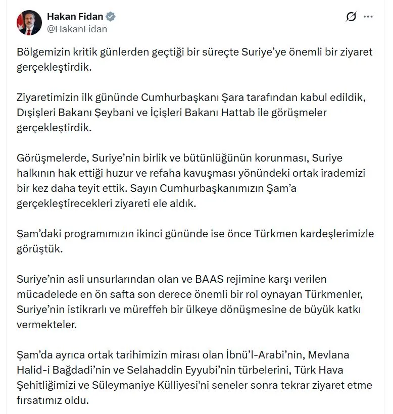 Dışişleri Bakanı Fidan'dan Şam'a kritik mesaj: Suriye'nin geleceğinde Türkiye desteği sürecek