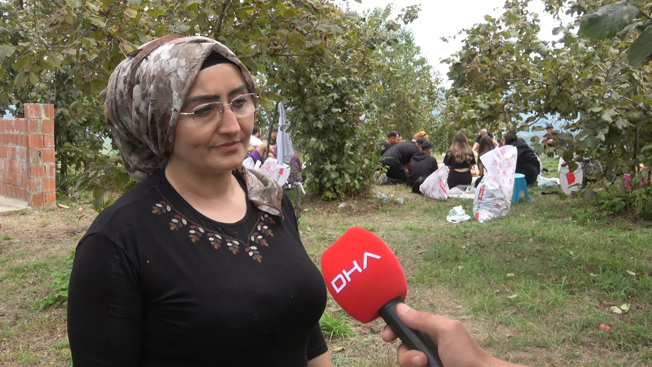 Fındık bahçesinde alışılmadık manzara: Öğretmen bahçe sahibi işçilerine davullu zurnalı moral verdi